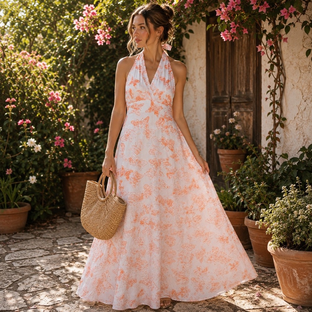 Together 4 Butterfly‎ Print Halter Maxi Dress White Peach Cotton Boho Fairycore